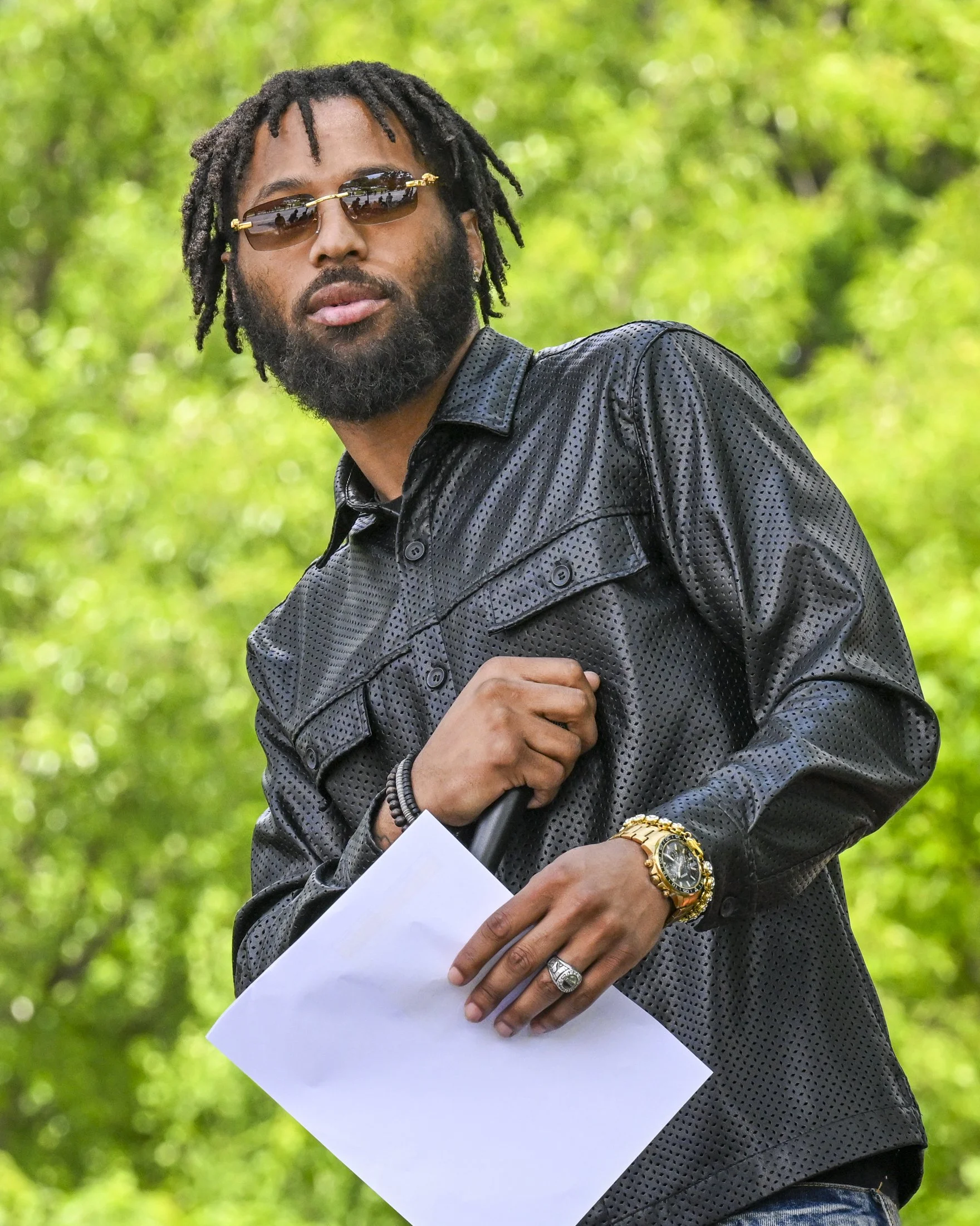 Parade emcee and outreach leader for the African American Outreach Culture Alliance, Robert McKenzie, announces participants in the Central Pennsylvania African American Cultural Parade in Lancaster, PA on May 31, 2025.