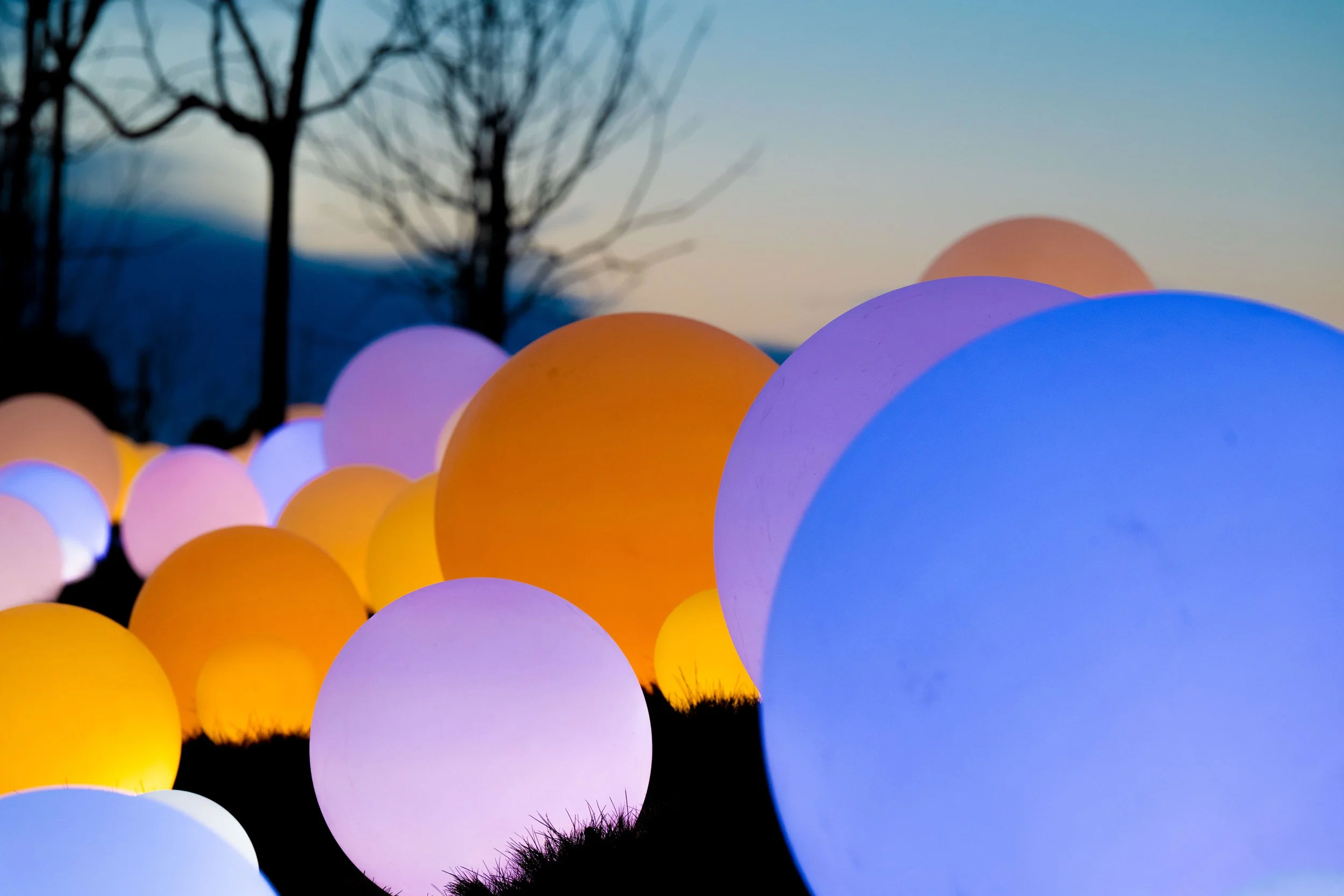 Glow globes changing colors that match sunset outside of the Longwood Gardens West Conservatory