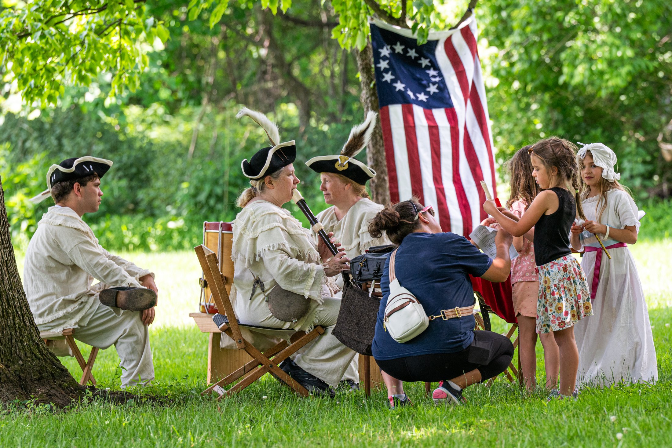Members of the fife and drum corps of Venture Crew 42, a scouting unit from Gettysburg, perform during Rock Ford America250 Family Day. Visitors were encouraged to try the instruments and join the corps for a song.