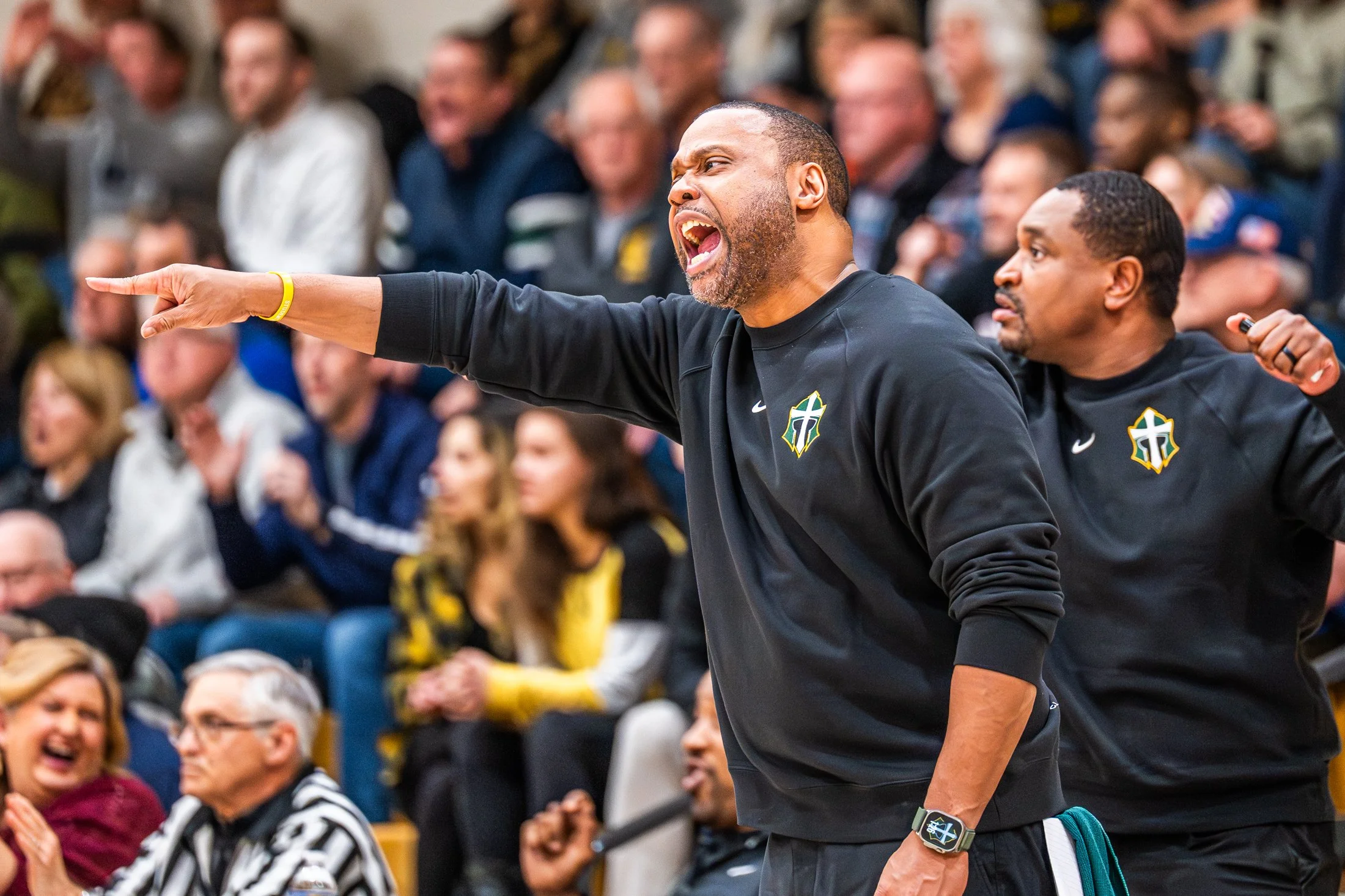 Lansdale Catholic coach Torre Harrison yells at the referees during a PIAA playoff game against Lancaster Mennonite.