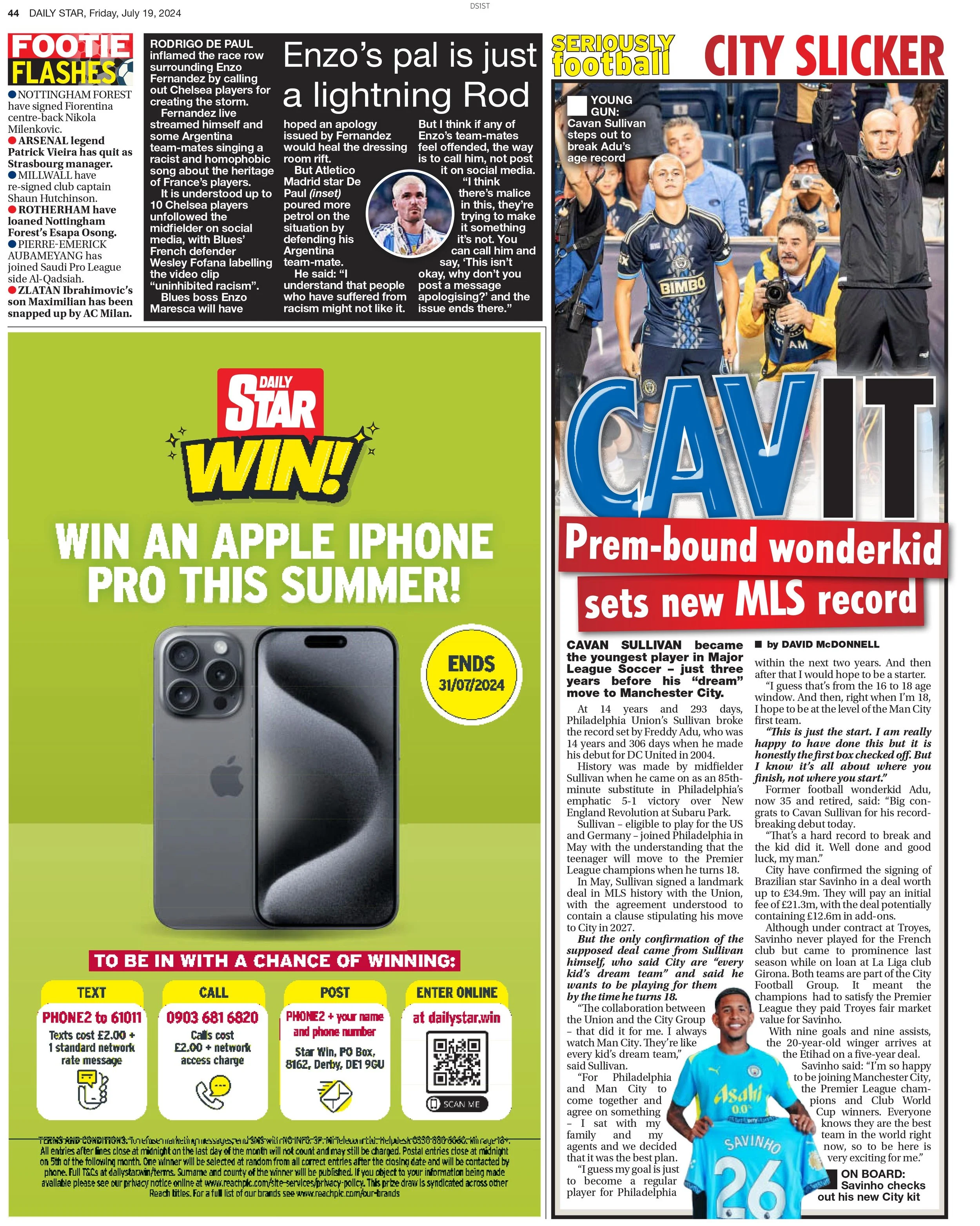 Philadelphia Union's Cavan Sullivan featured in UK National newspaper; The Daily Star