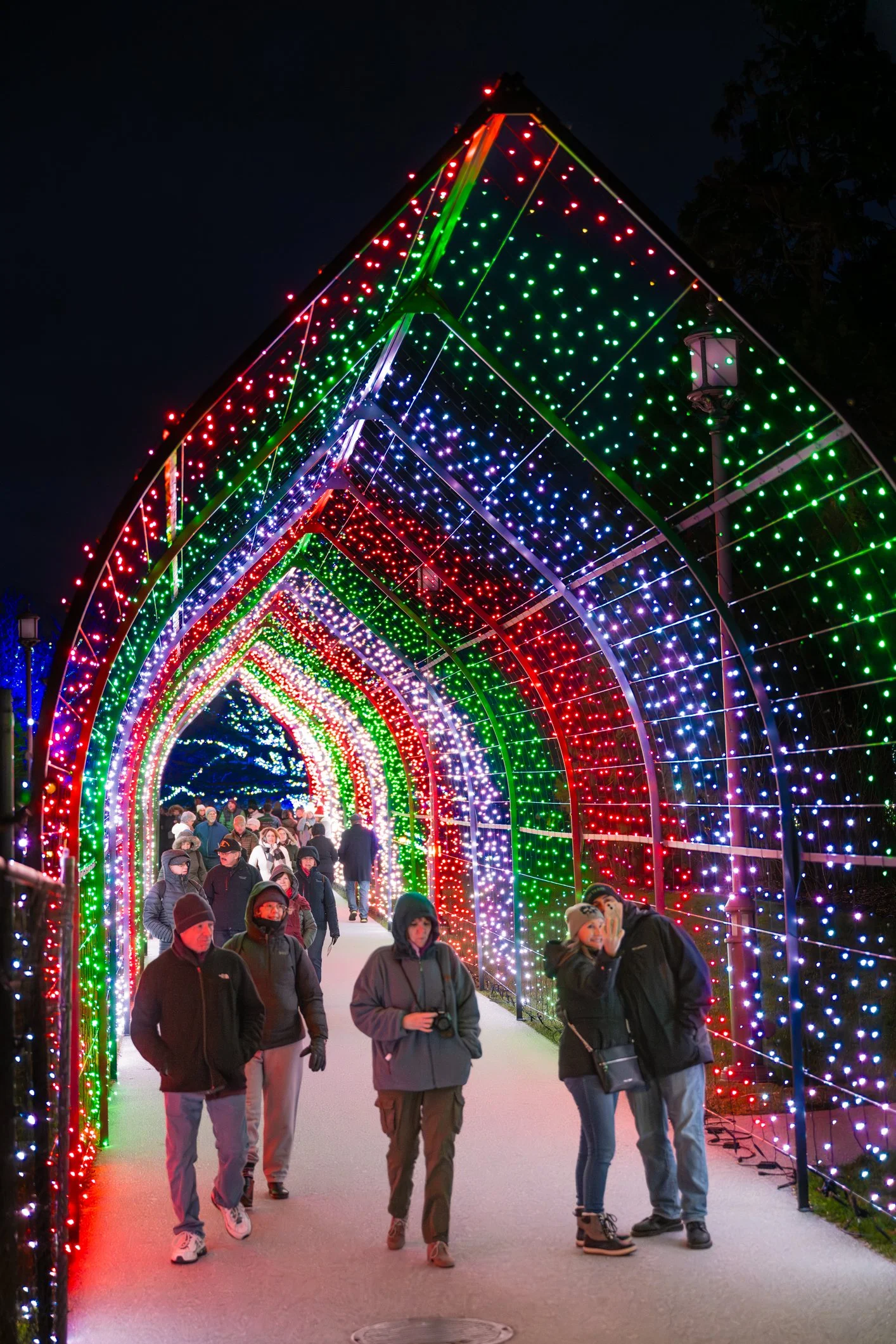 Visitors take selfies walking through the Christmas Light tunnel at Longwood Gardens