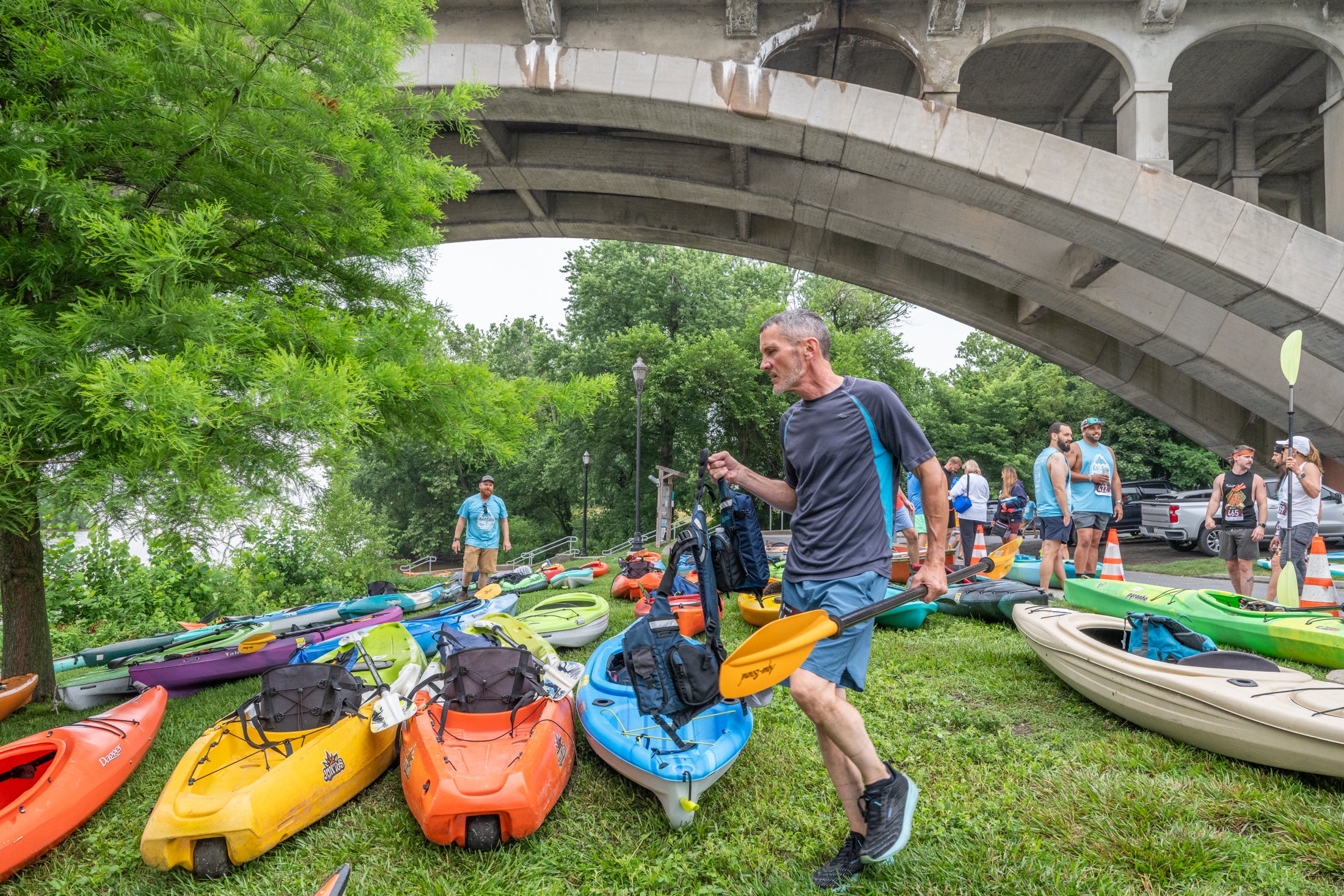 Kayaks are lined up for the Bridge Burner water portion of the challenge.