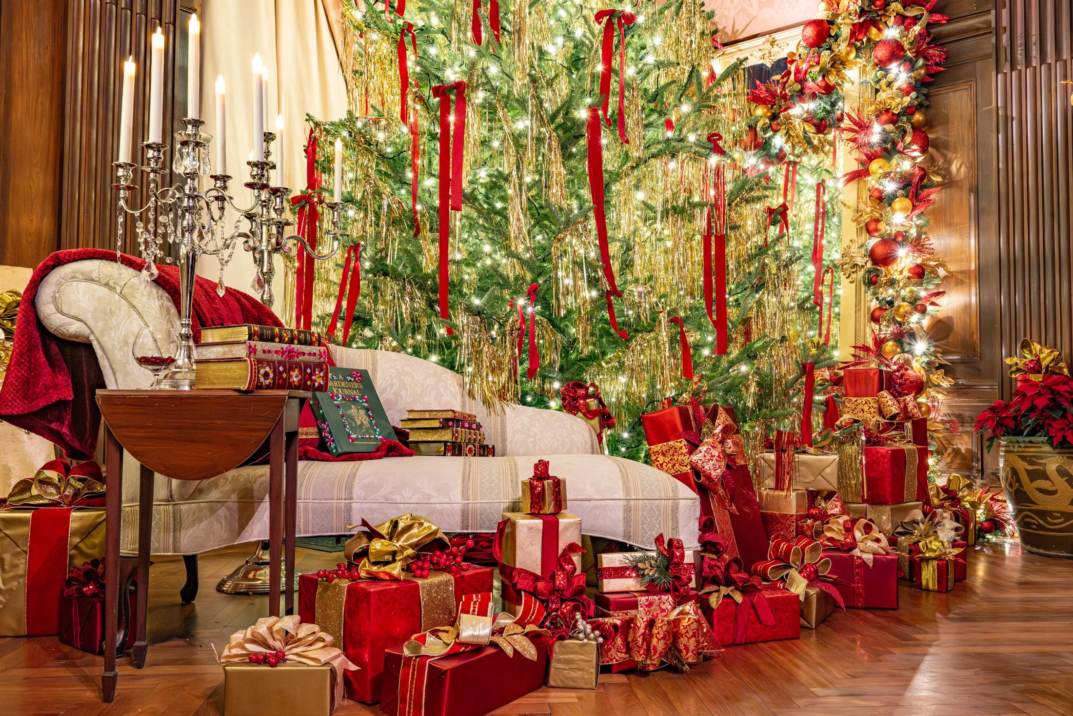 Decorations from A Gilded Gala in the Music Room at the Longwood Gardens Christmas display