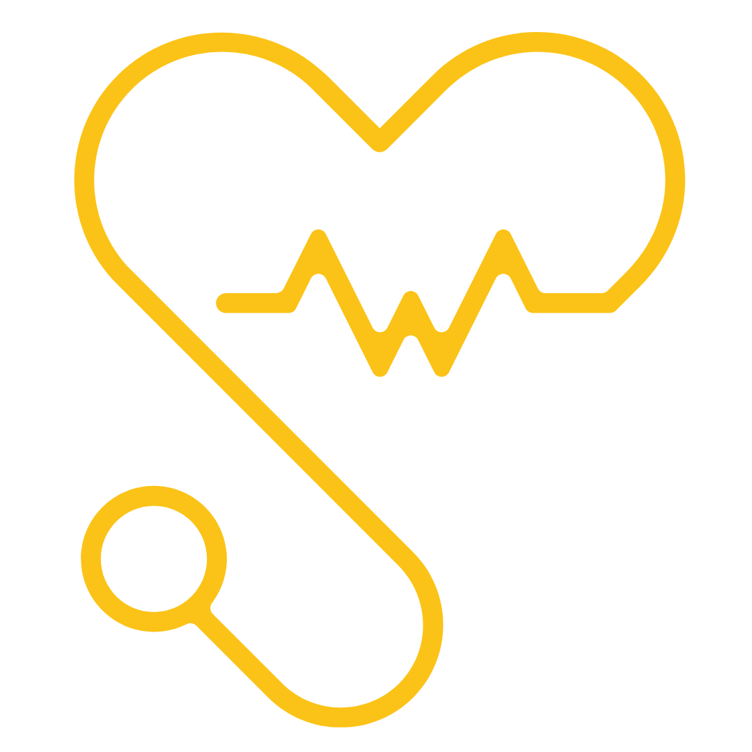 Yellow stethoscope forming a heart shape with an electrocardiogram line inside.