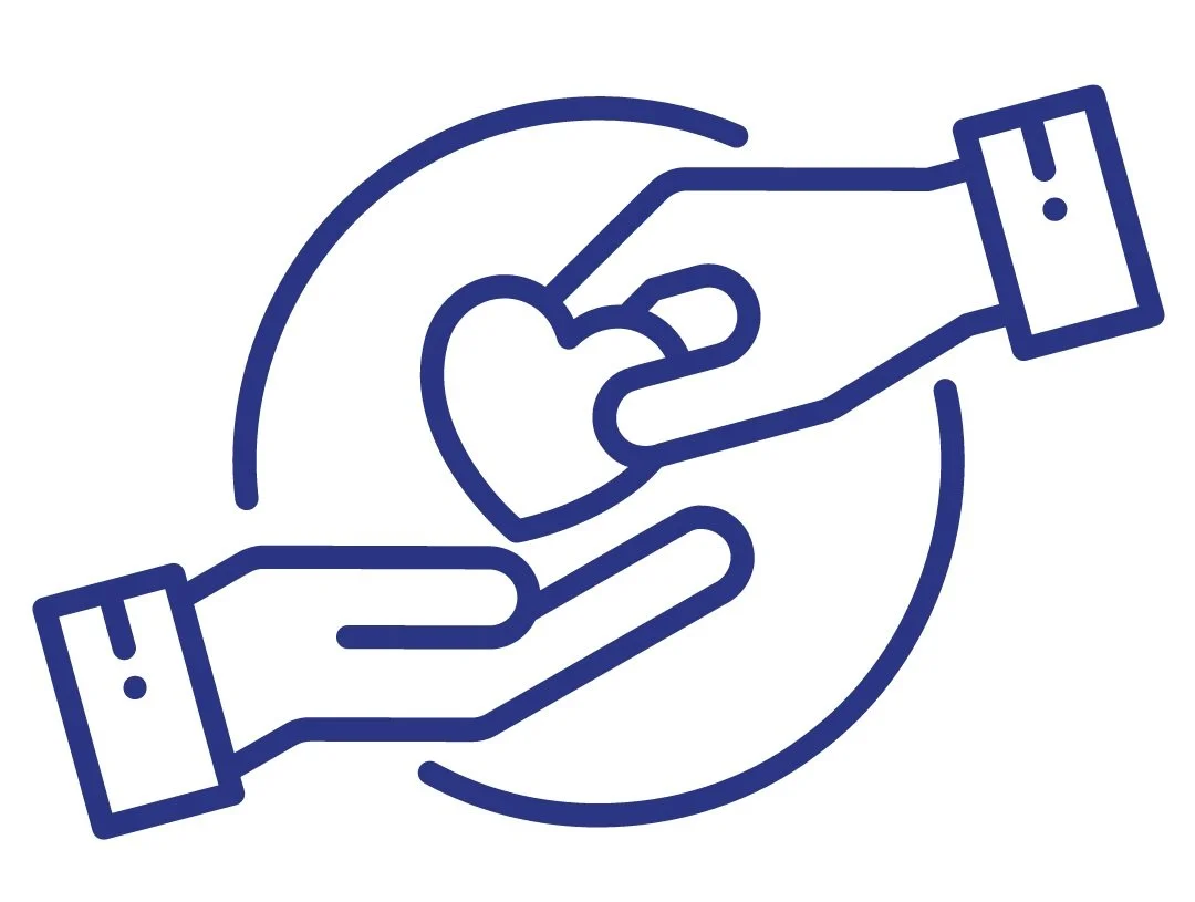 Icon of two hands exchanging a heart symbol in blue outline.