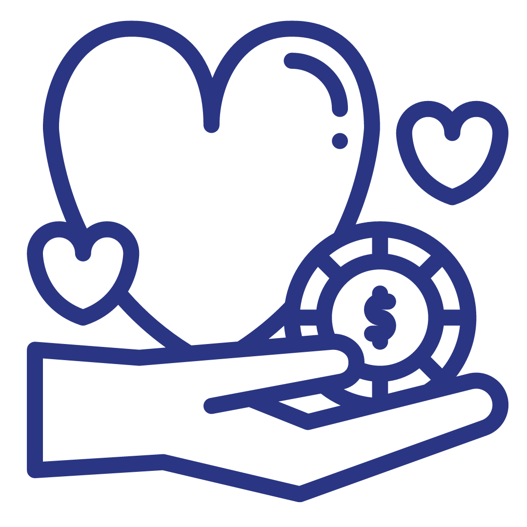 Line illustration of a hand holding a dollar coin surrounded by hearts.