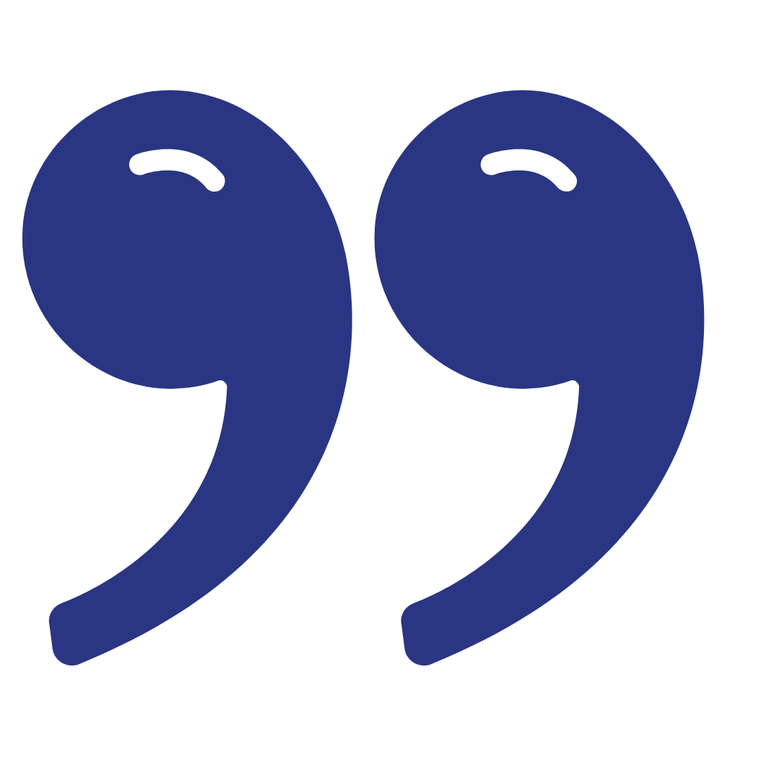 Blue quotation marks symbol on a white background.
