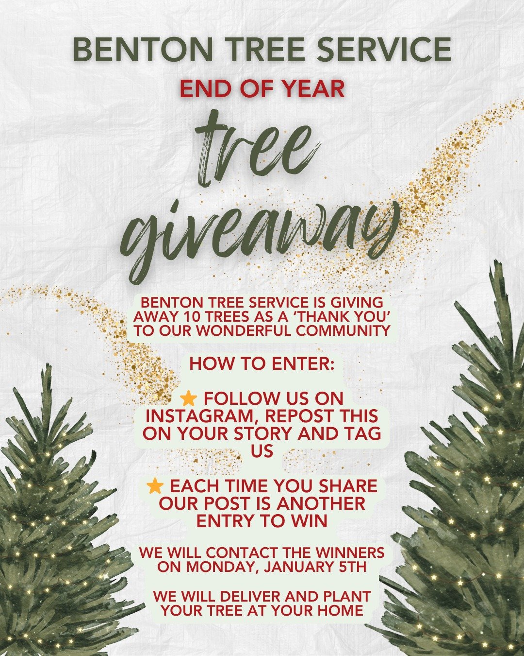We want to thank our customers and community for a wonderful year by giving away 10 trees! We will deliver and plant them for all winners. Enter the giveaway by sharing this post on your story and tagging us. Each time you share this post is another 
