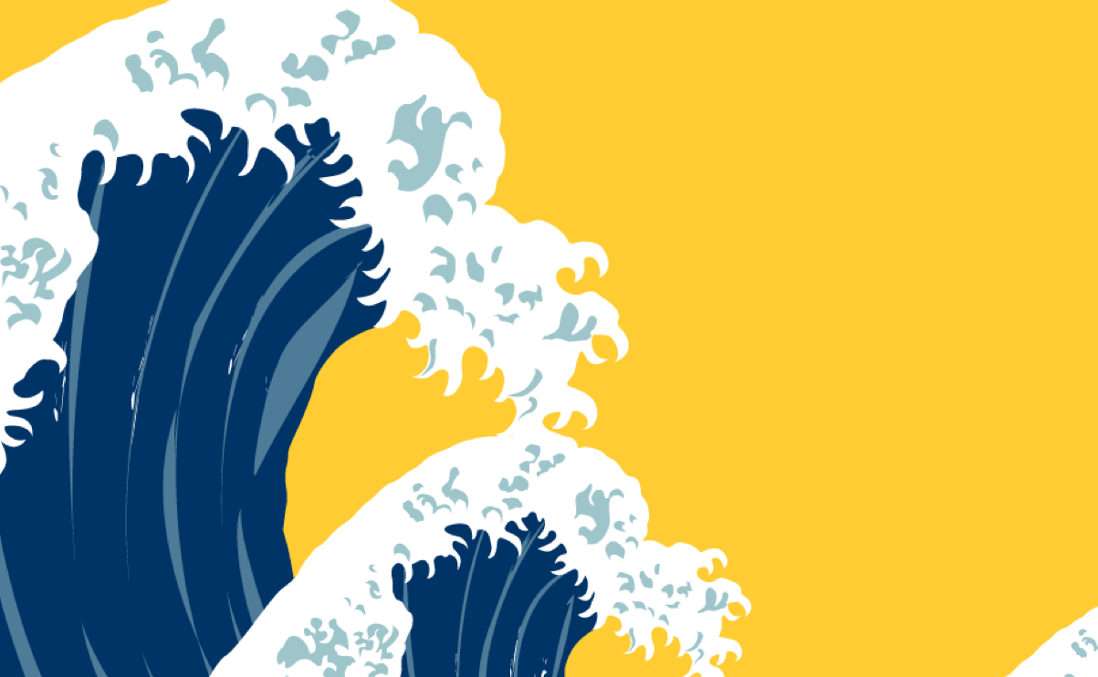 Stylized illustration of large ocean waves with white foam against a yellow background.