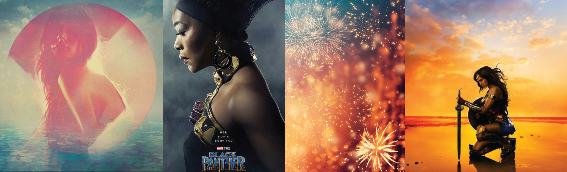 Collage of four images: a woman with long hair holding an umbrella over water with a pink circle overlay, a profile of a woman dressed as Black Panther with gold jewelry, colorful fireworks display, and a woman dressed as Wonder Woman kneeling on the beach with sunset background holding a sword and shield.