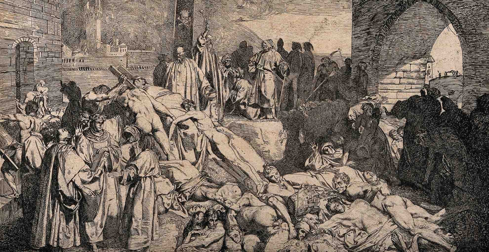A historical black and white illustration depicting a scene of mass death and suffering, with numerous bodies lying on the ground, and a group of people gathered, possibly mourning or examining the scene.