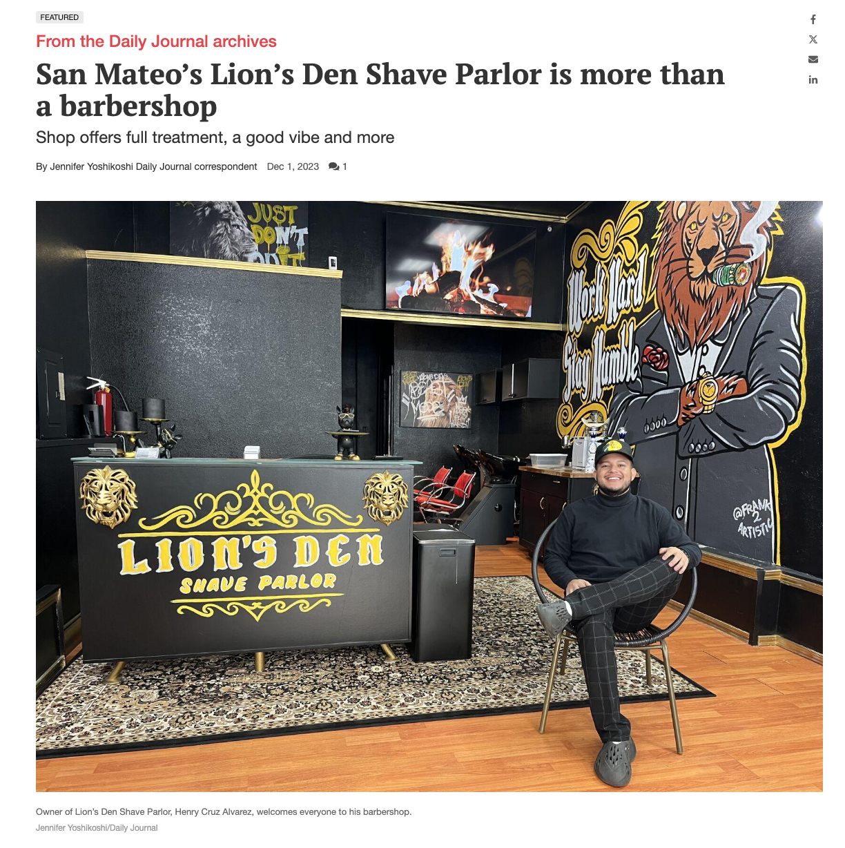 Lion's Den Shave Parlor in the San Mateo Daily Journal Article