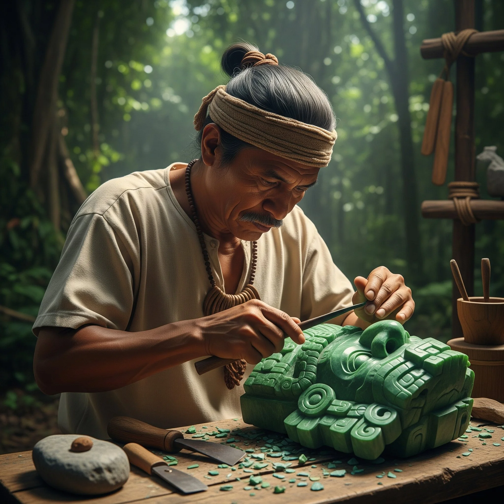 hombre maya tallando una mascara de jade