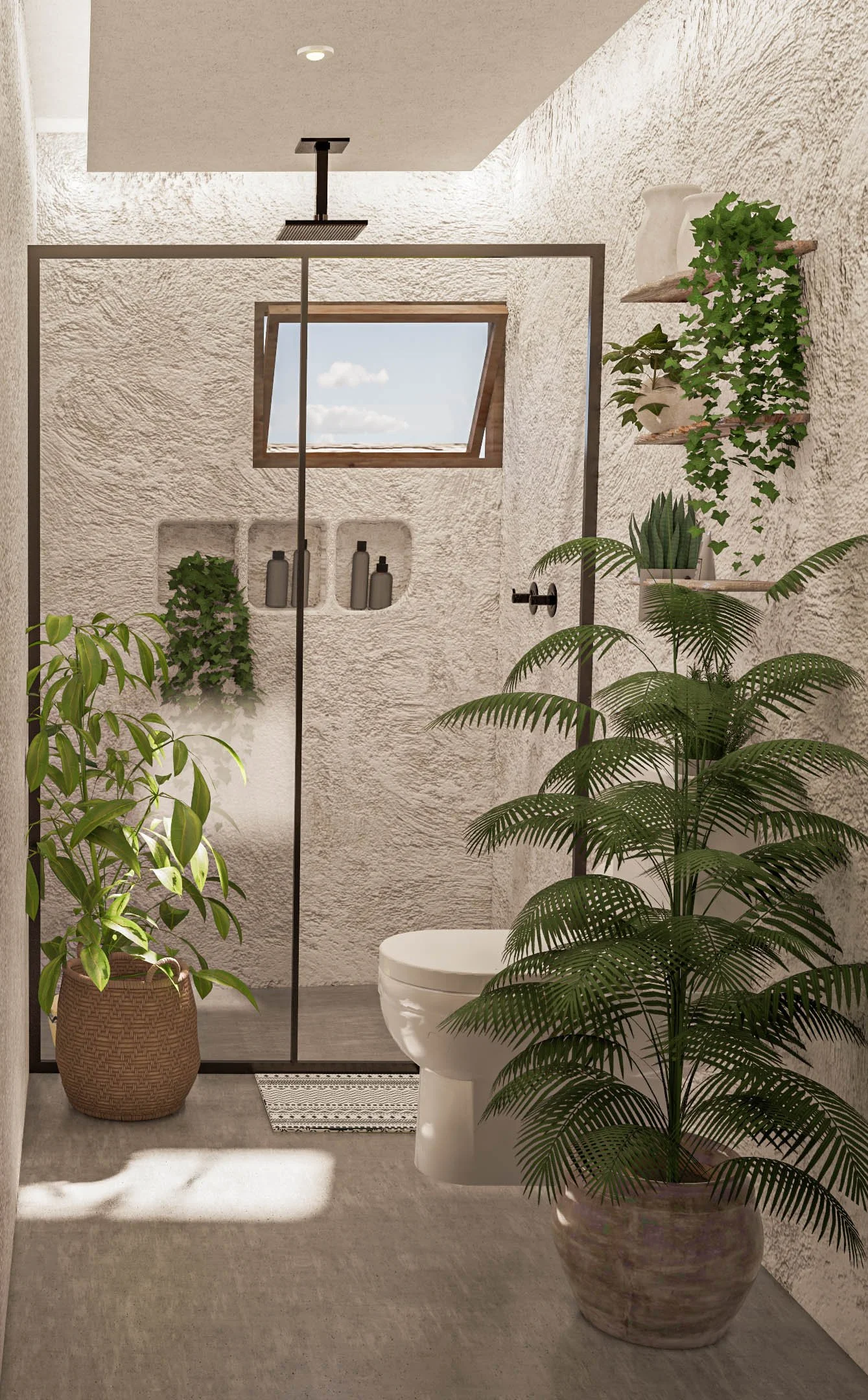 Baño con ducha de vidrio, plantas en macetas, estantería con adornos y ventana en una pared texturizada.