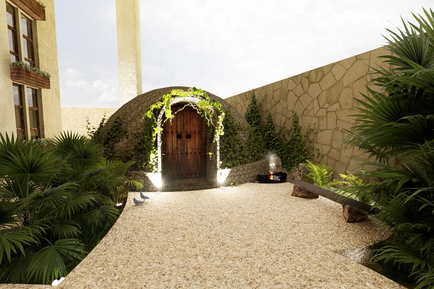 Edificio moderno con puerta de madera, rodeado de vegetación, plantas, y un fogón encendido al aire libre.