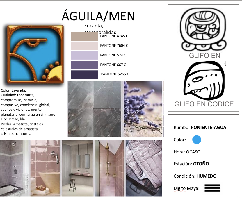Imagen que muestra el símbolo de 'ÁGUILA/MEN' con detalles en colores Pantone, características de esperanza y servicio, glifo maya, y elementos relacionados como piedras amatista, flor lila, y la condición asociada de rumbo poniente-agua en el ocaso en estación otoño con condición húmeda. Incluye imágenes de mármol y un cuarto de baño.