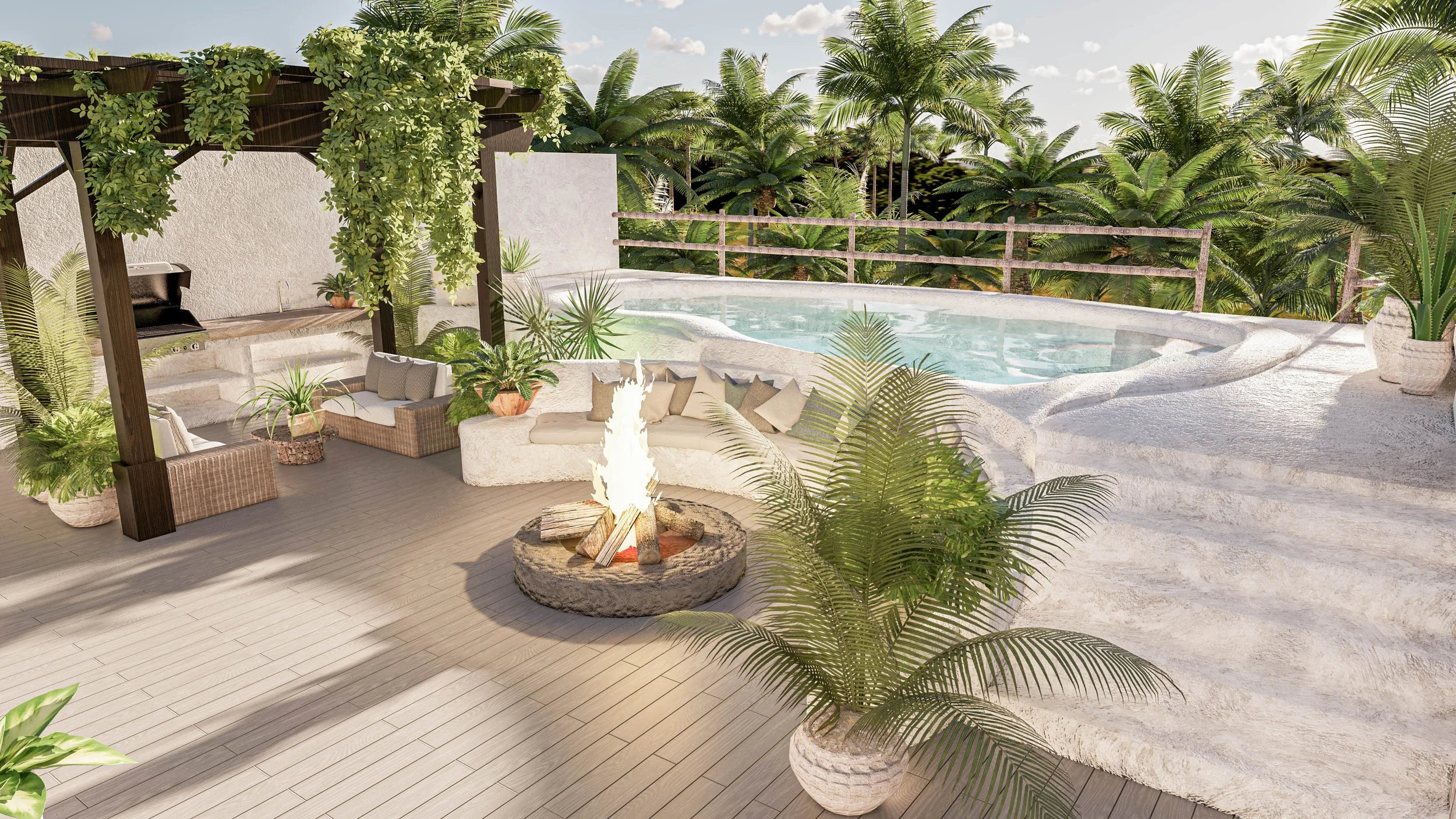 Terraza con piscina, fogata, asientos de mimbre, pérgola con plantas colgantes, rodeada de palmeras, ambiente tropical.