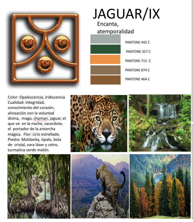 Collage con un símbolo decorativo en la esquina superior izquierda, seguido por el título 'JAGUAR/IX' con texto descriptivo sobre el jaguar y su simbología espiritual. A la derecha, una paleta de colores Pantone. Debajo, imágenes de jaguares en la selva y paisajes naturales con árboles y cascadas.