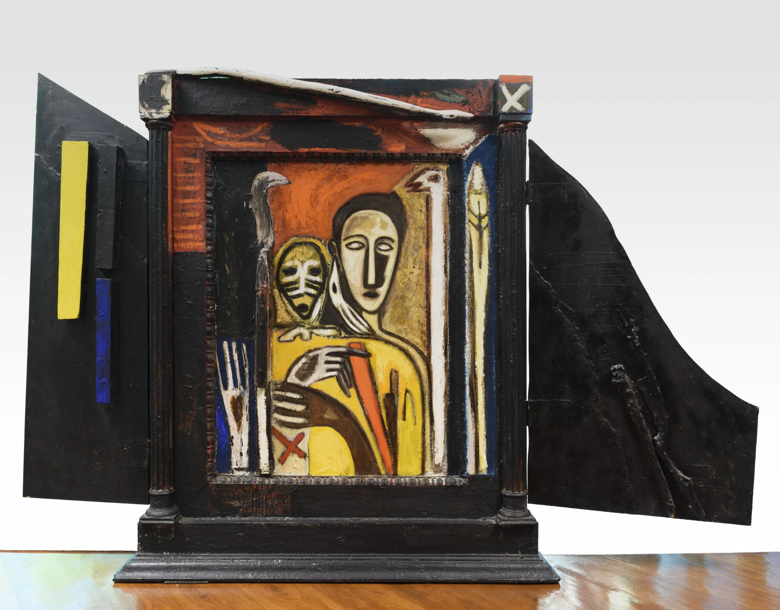  L'Idiota (Tryptych) , 1985
Mixed media, oil on shaped wood, wood panel, and canvas fragments
51 7/8 x 76 1/8 x 5 ¾ inches 
131.8 x 193.4 x 14.6 cm  