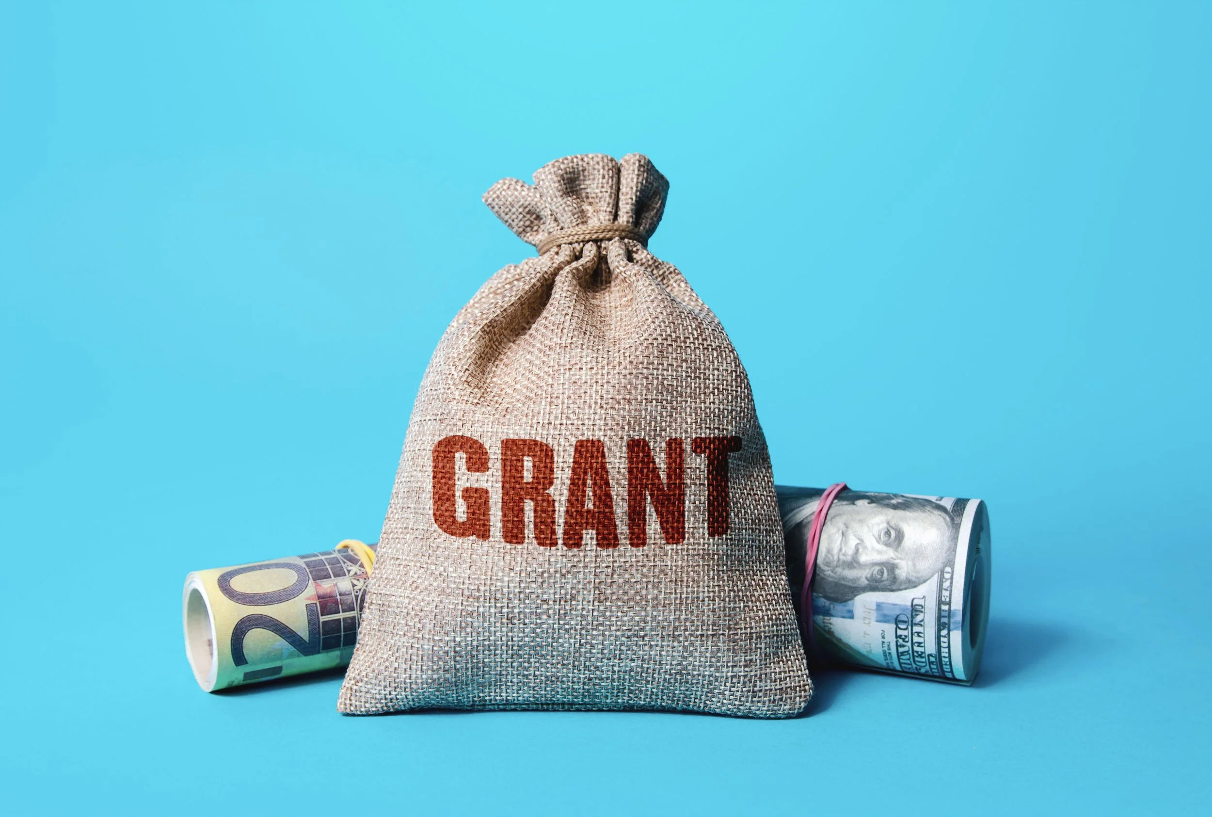 Money bag with grants written on it flanked by money rolls