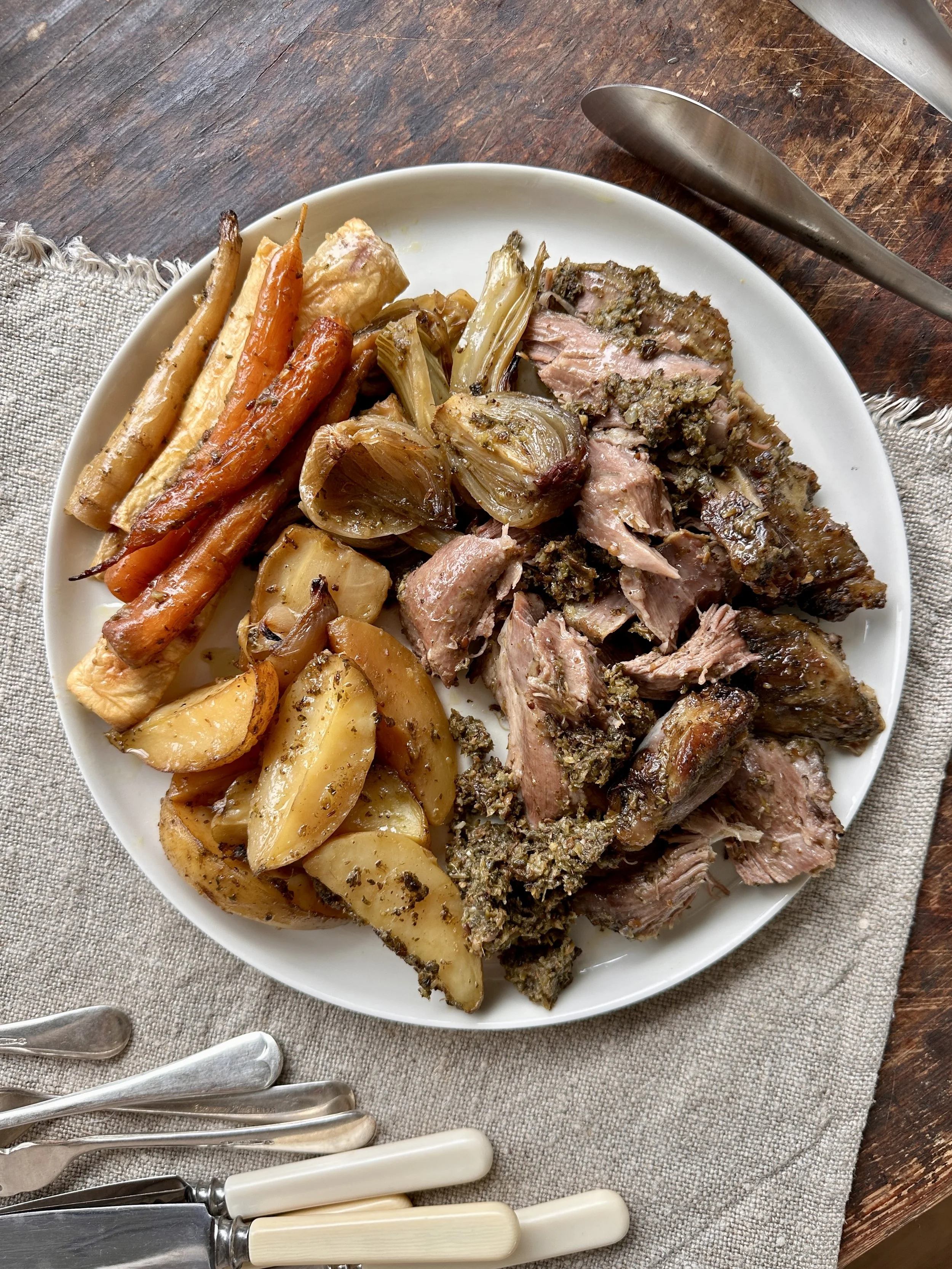 SLOW COOKED LAMB SHOULDER, POTATOES, FENNEL &amp; ROOT VEGETABLES WITH MIDDLE EAST FLAVOURS AND LEMON