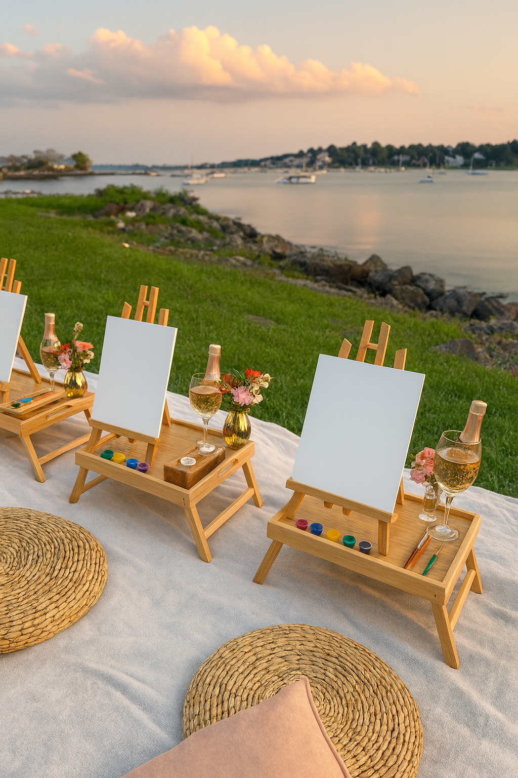 Outdoor experiential brand activation setup with art stations and refreshments