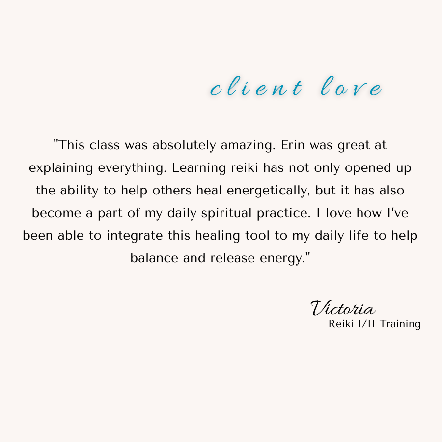 Testimonial card with the heading 'client love' in blue cursive font, featuring a positive review about a Reiki class, signed by Victoria, with her training details at the bottom.