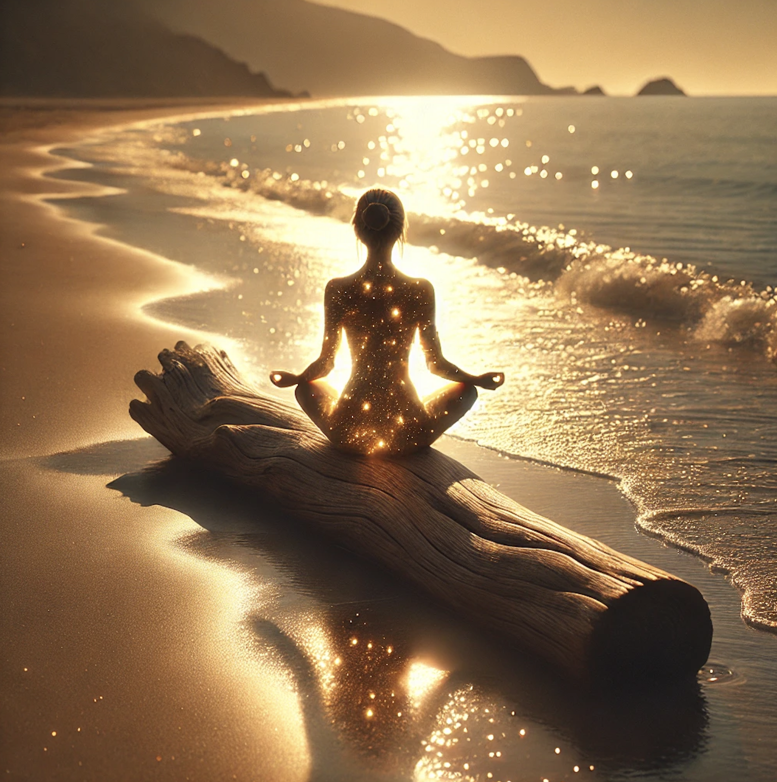 A woman sitting cross-legged on a log at the beach during sunset, meditating with a galaxy pattern on her body, reflecting peacefulness and spirituality.