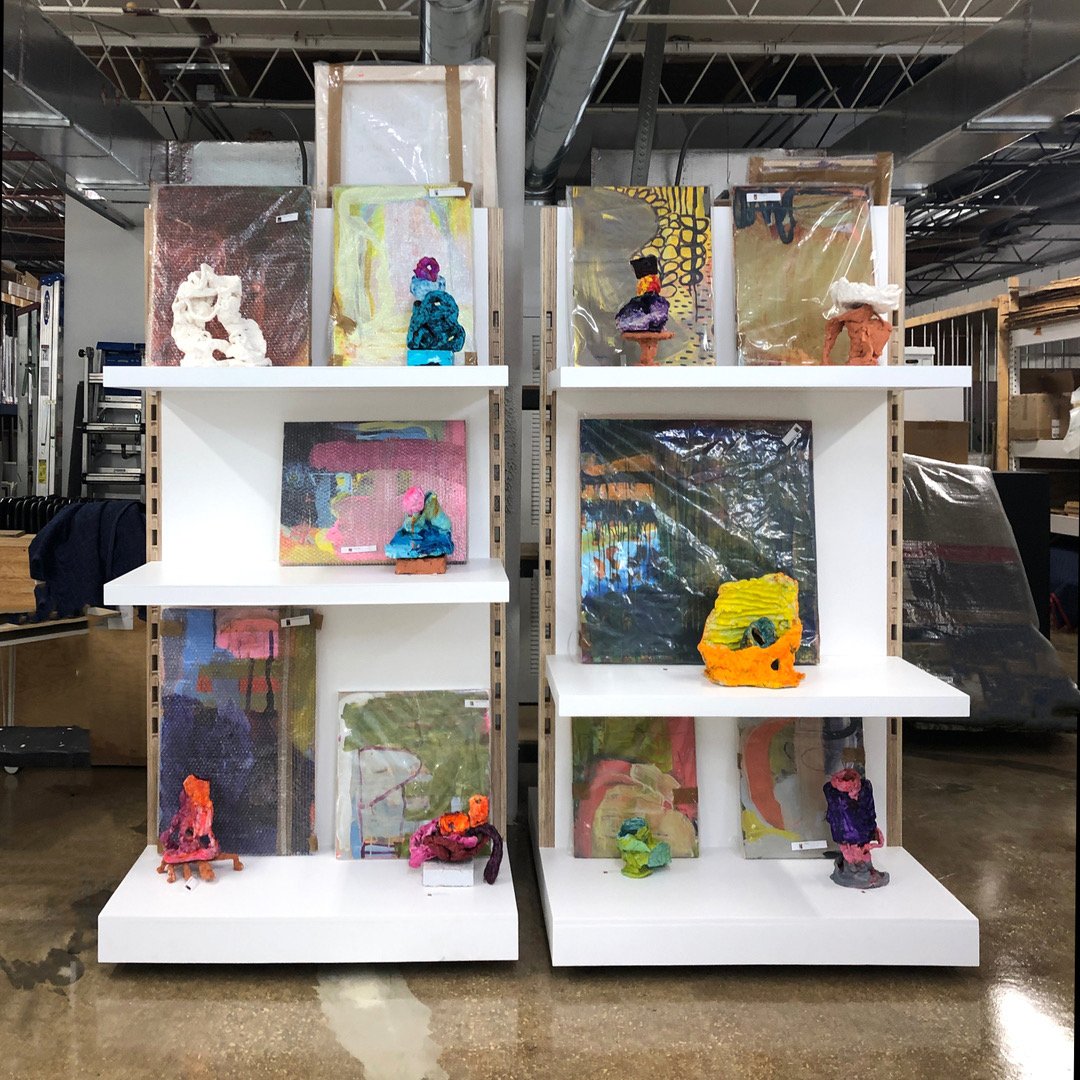 Art storage racks. Shelves can be rearranged. On casters