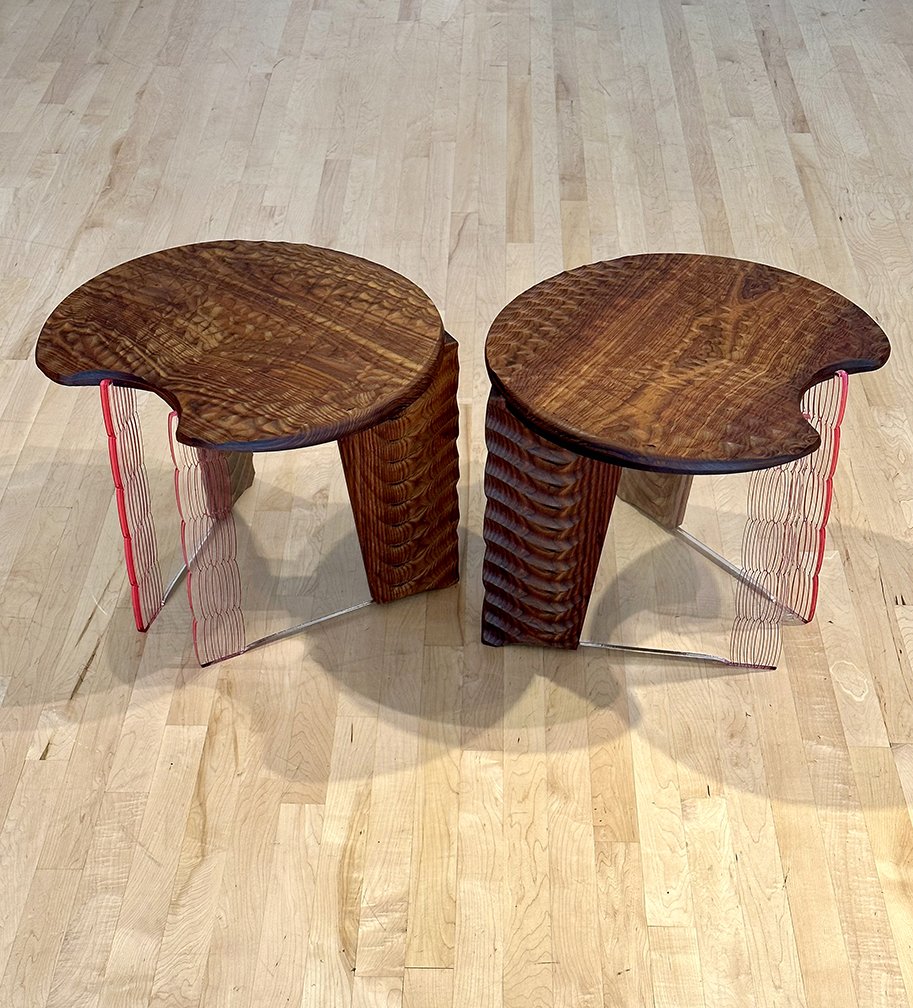 Flicker stools, 22” W x 20” D x 17.5” H (each), 2023