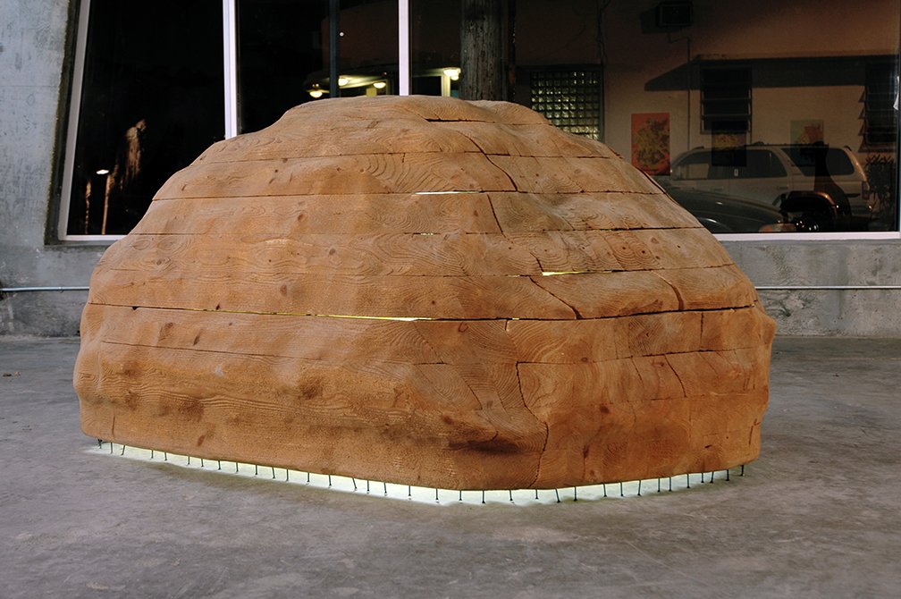 Boulder detail. When displayed indoors, the boulder is illuminated internally. The light exhibits the extent of its decay. As the wood warps, cracks, and rots, more and more light shines through.