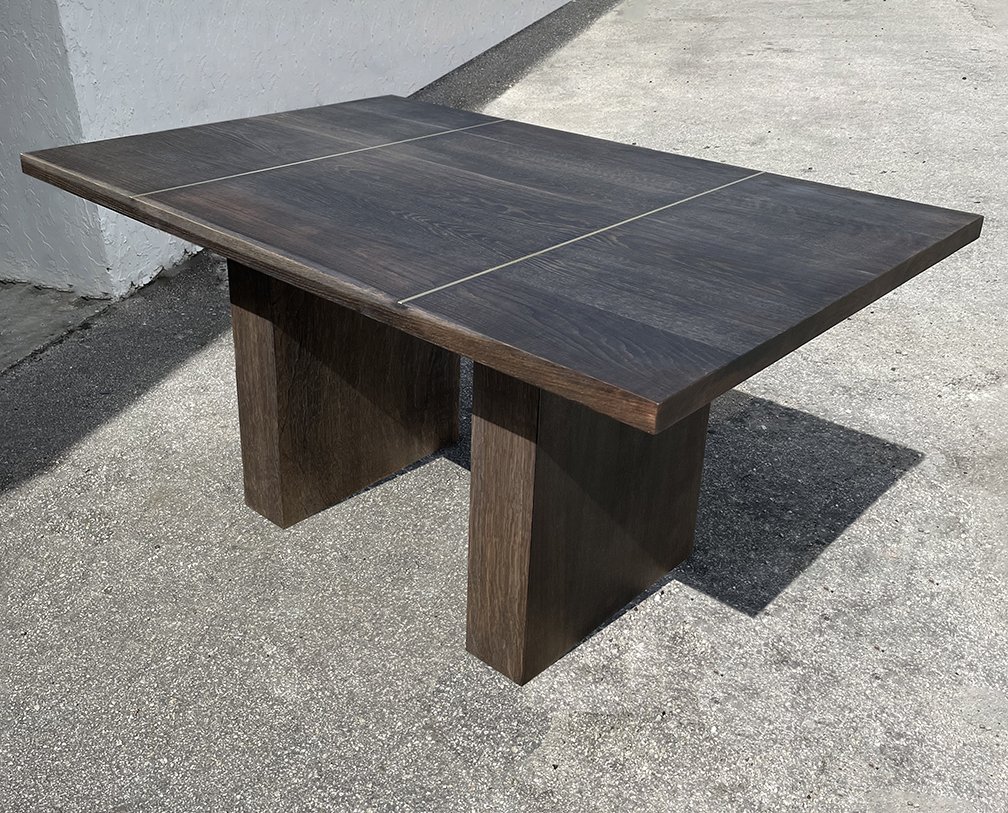 White oak table with brass inlay. Blackened and oiled