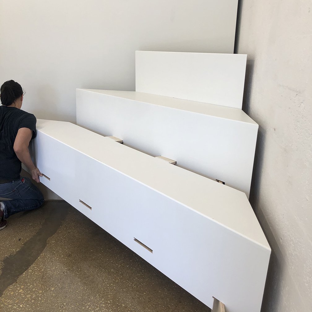 Stepped storage detail. Steps can be removed and nested. Structure folds away for a light storage footprint