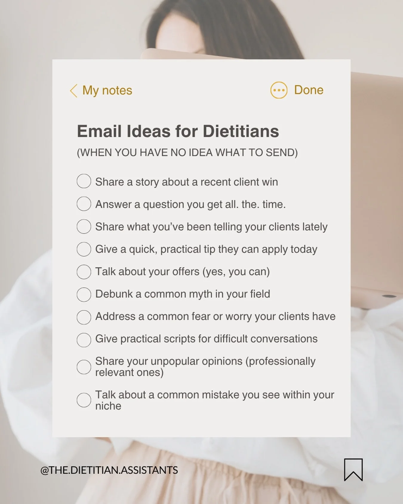 Staring at a blank email draft? We&rsquo;ve all been there, done that 😅

The good news? Your subscribers signed up because they want to hear from YOU. They want your perspective, your expertise, your take on things.

Save this list for the next time