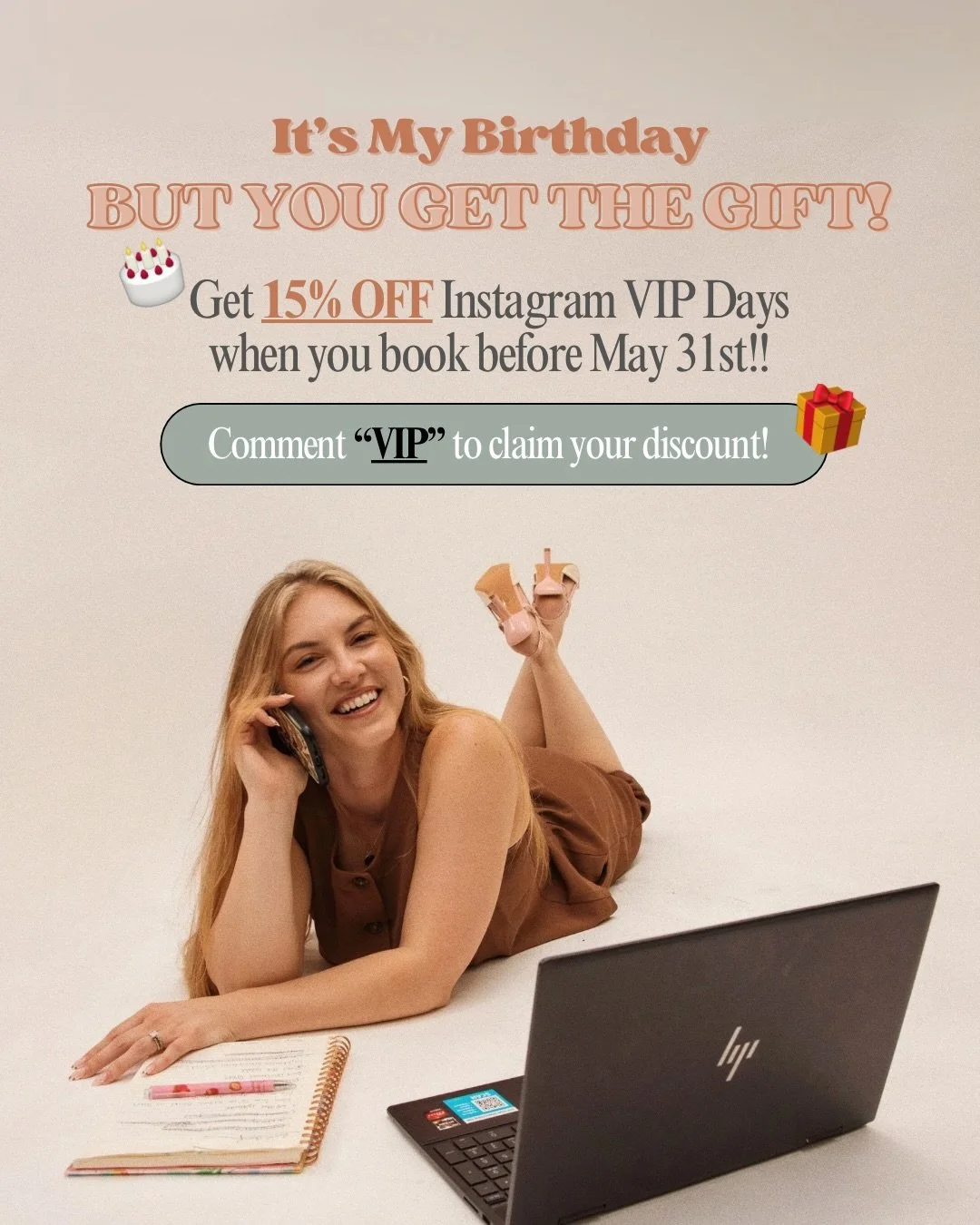 🥳 Hey y&rsquo;all, it&rsquo;s my birthday!! Which means YOU get a special something 👀

I&rsquo;m giving you 15% OFF an Instagram VIP Day when you book in May (note: you can book in May but can do a VIP Week in June)! 🎂💻

If you&rsquo;re:
👉spendi