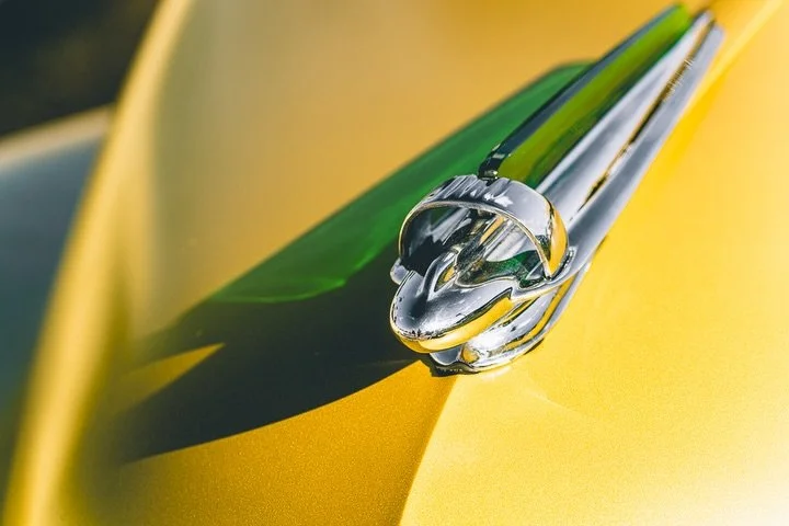 Feeling lucky to find this incredible hoodie... 🍀✨

I came across it earlier this year on what I believe is a 1947 Pontiac Streamliner. That translucent green insert catches the sunlight and throws the perfect hint of color across the yellow hood. I