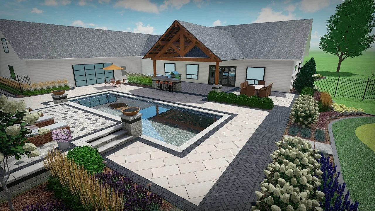 Luxury backyard with pool, sun loungers, seating area, dining table, and lush landscaping.