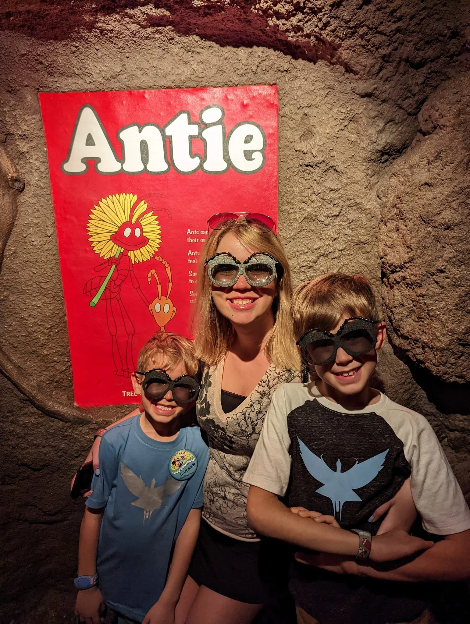 A group of smiling children and a woman at a theme park with an 'Antie' sign in the background, standing against a textured stone wall. client review