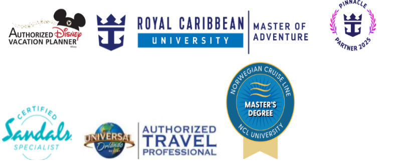 Authorized Disney Vacation Planner, Royal Caribbean University Master of Adventure, Royal Caribbean Pinnacle Partner 2025, Certified Sandals Specialist, Universal Orlando Authorized Travel Professional, Norwegian Cruise Line Masters Degree NCL Univ