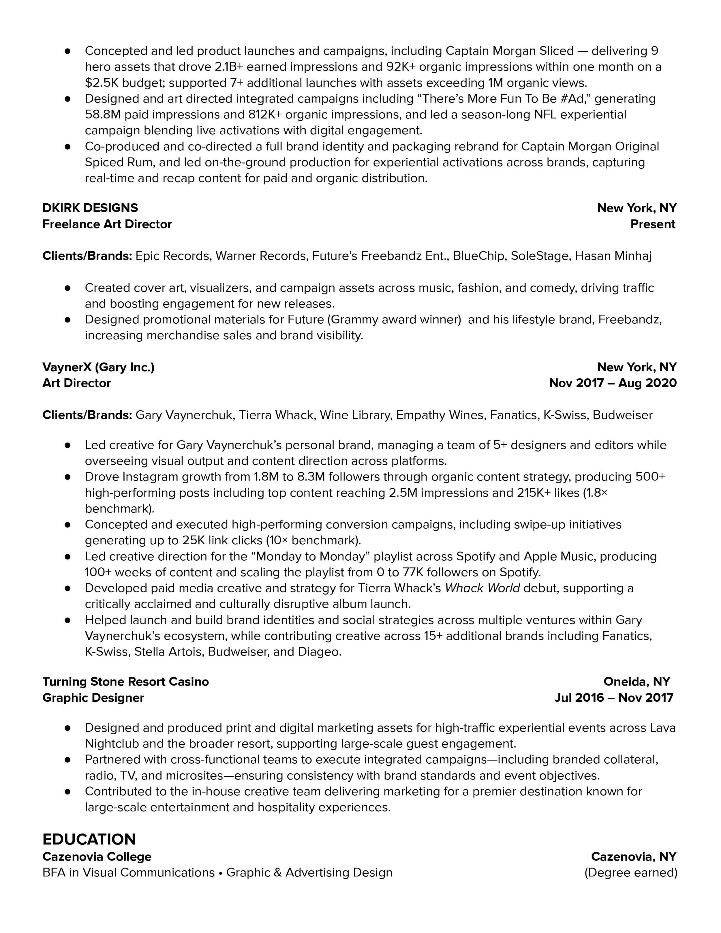 A professional resume for Dkirk Designs.