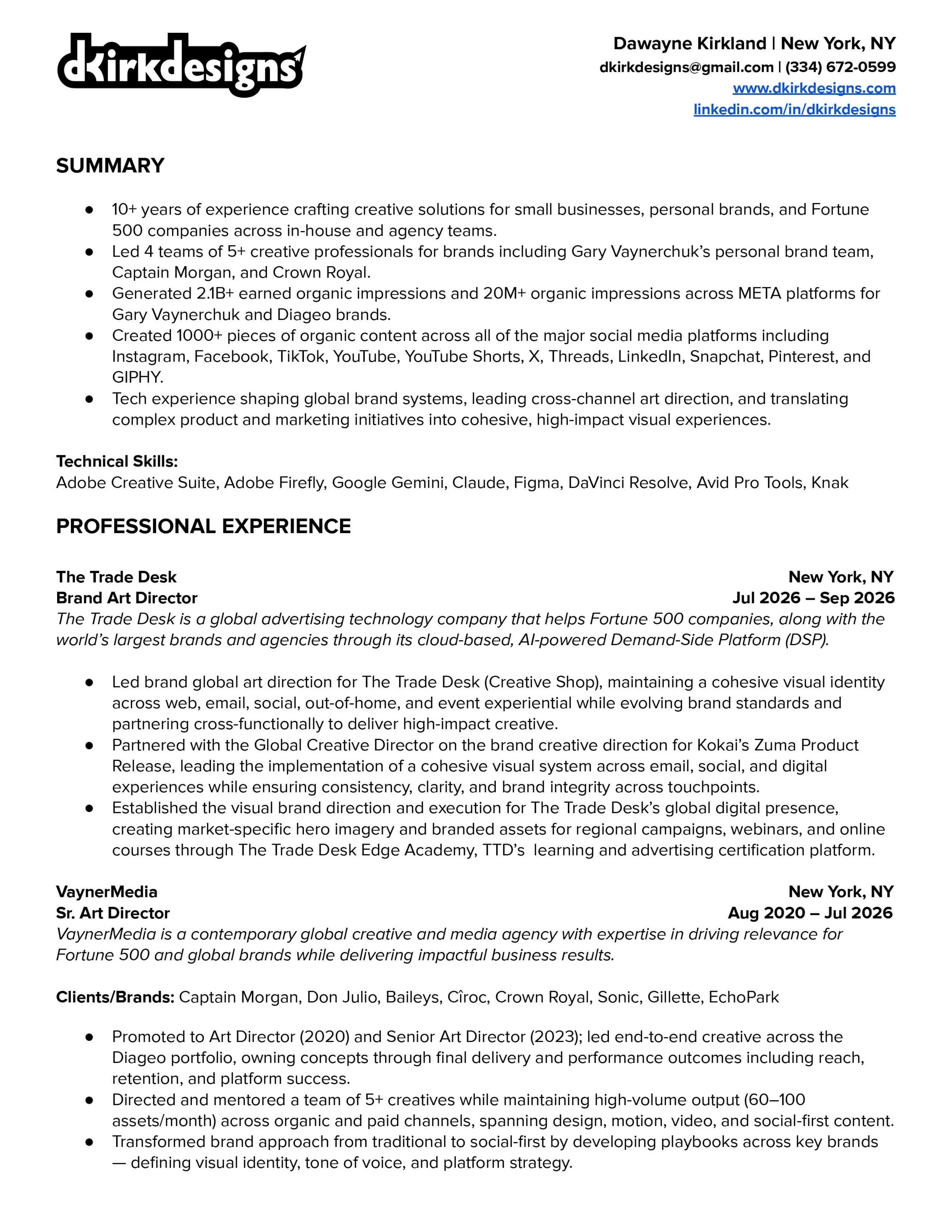 A professional resume for Dkirk Designs.