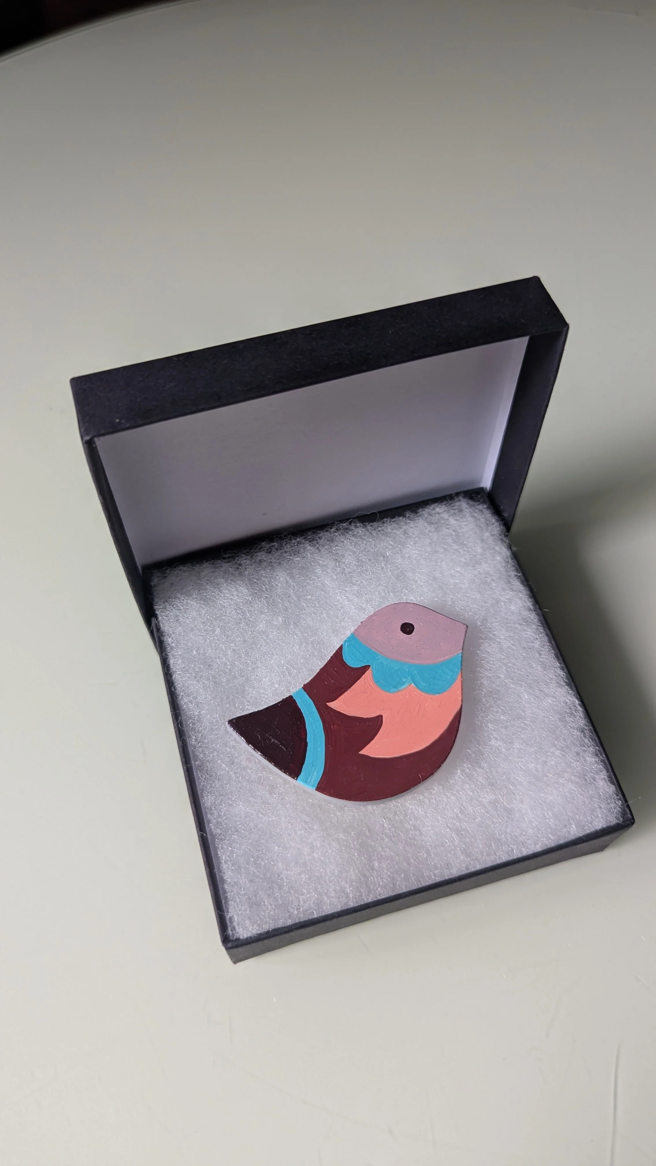 Rosy Songbird Huon Pine Brooch