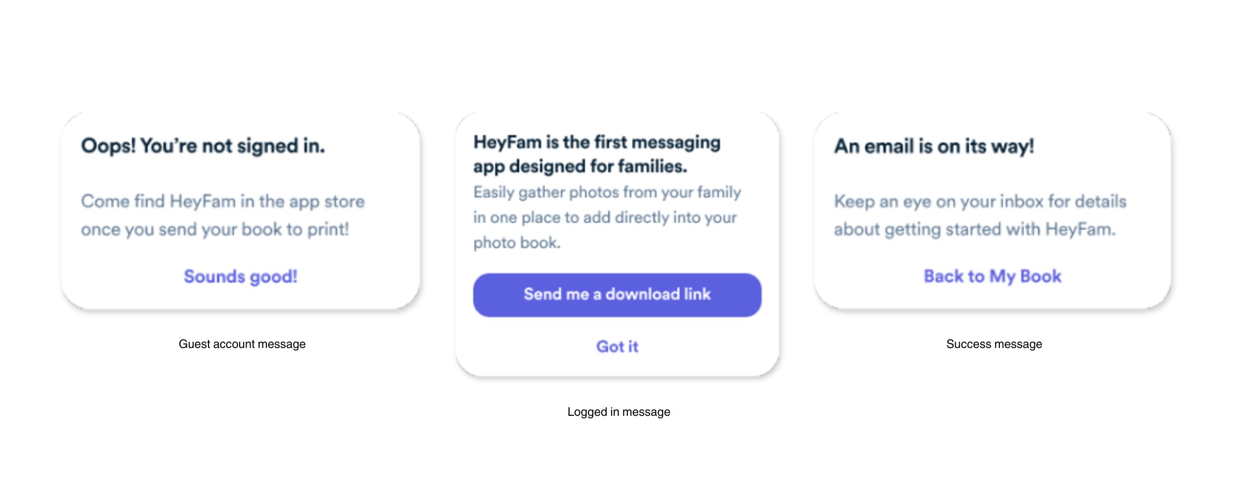 Screenshots of the pop-up message shown when a user taps the information icon. There are three versions based on user type: guest, logged in, and success.
