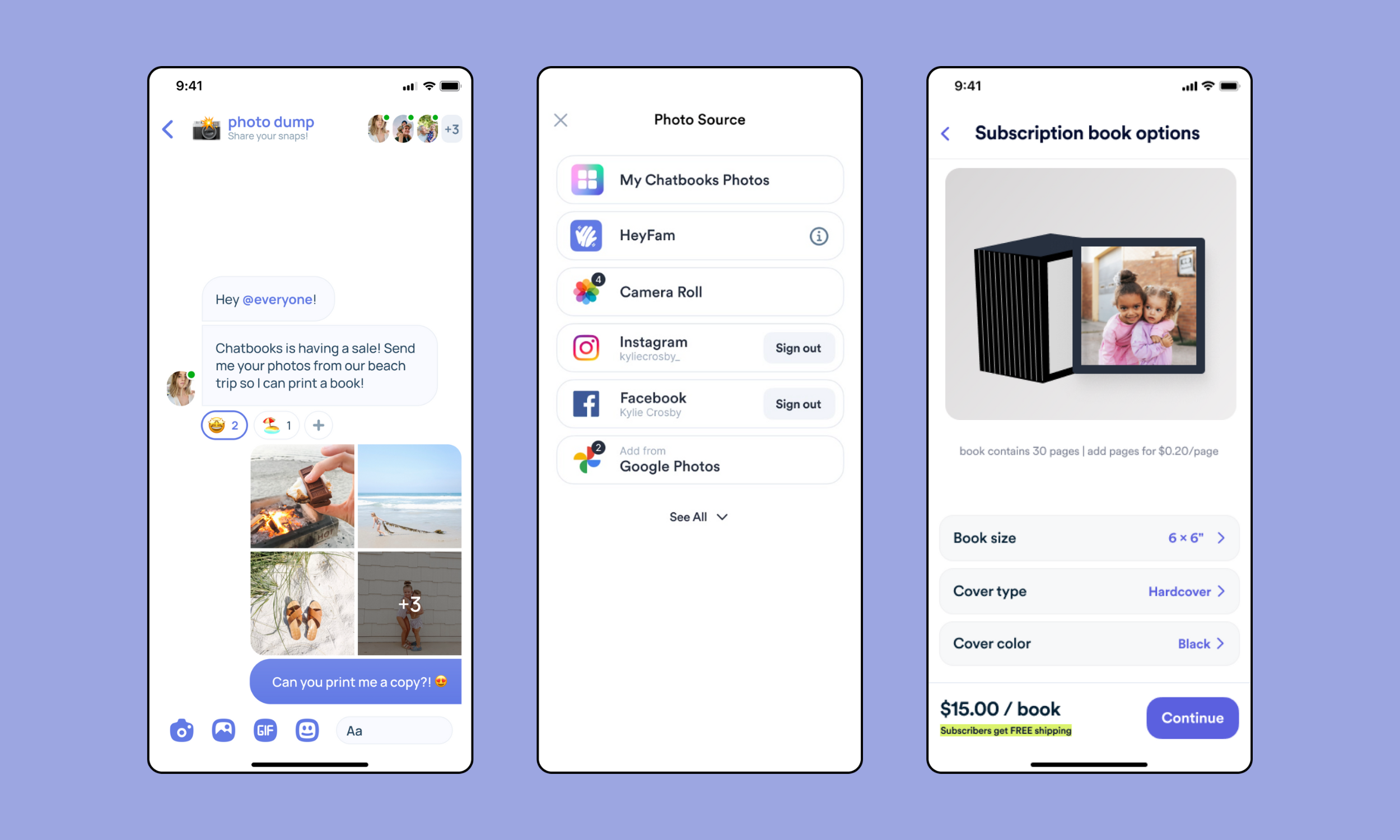 Screenshots of the app experience for printing photos from HeyFam with Chatbooks, with a purple background