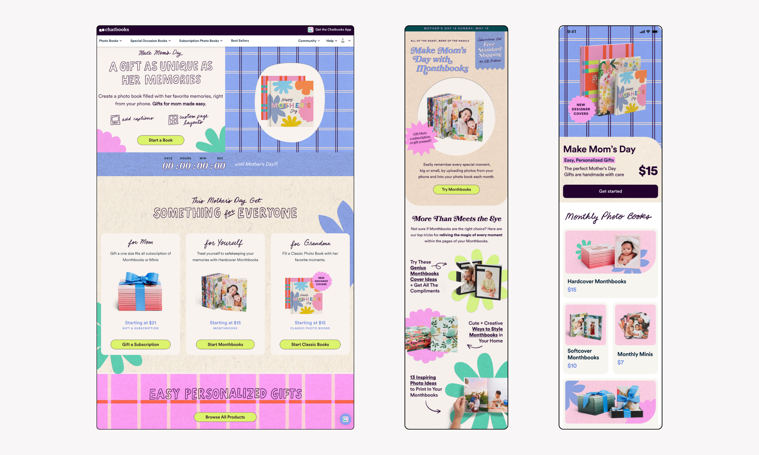 Screenshots of the Chatbooks Mother's Day 2023 Landing Page, a campaign email, and in-app shop merchandising