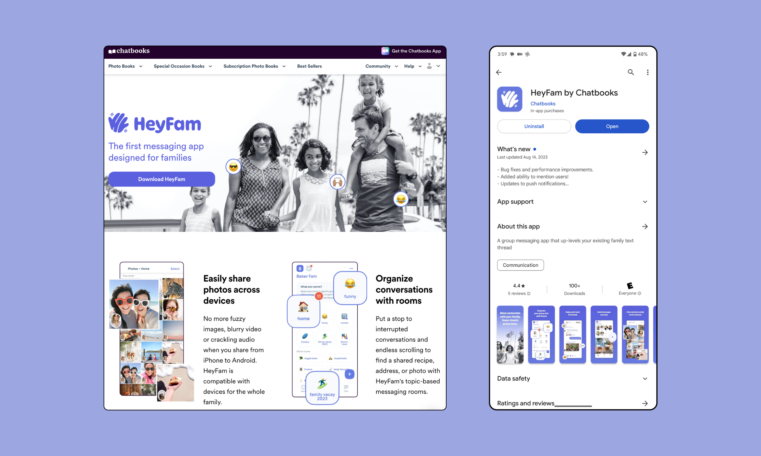 Screenshots of the HeyFam landing page and app store are displayed on a purple background