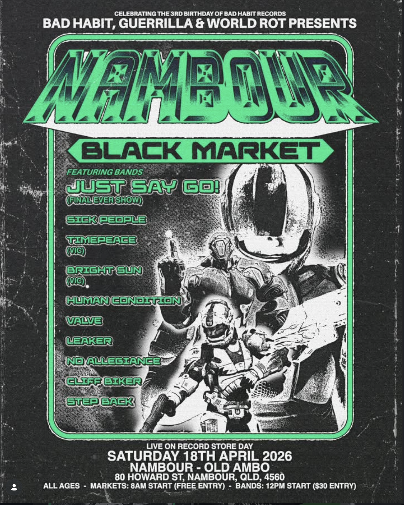 Event poster for Napier Black Market, 3rd birthday celebration, featuring bands Just Say Go, Sick People, Timepeace, Bright Sun, Human Condition, Valve, Leaker, No Allegiance, Clifft Biker. Date is Saturday, April 18th, 2026 at Nambour Old Ambo, Queensland. Starts at 8 am, free entry, bands start at noon with a $30 entry fee.