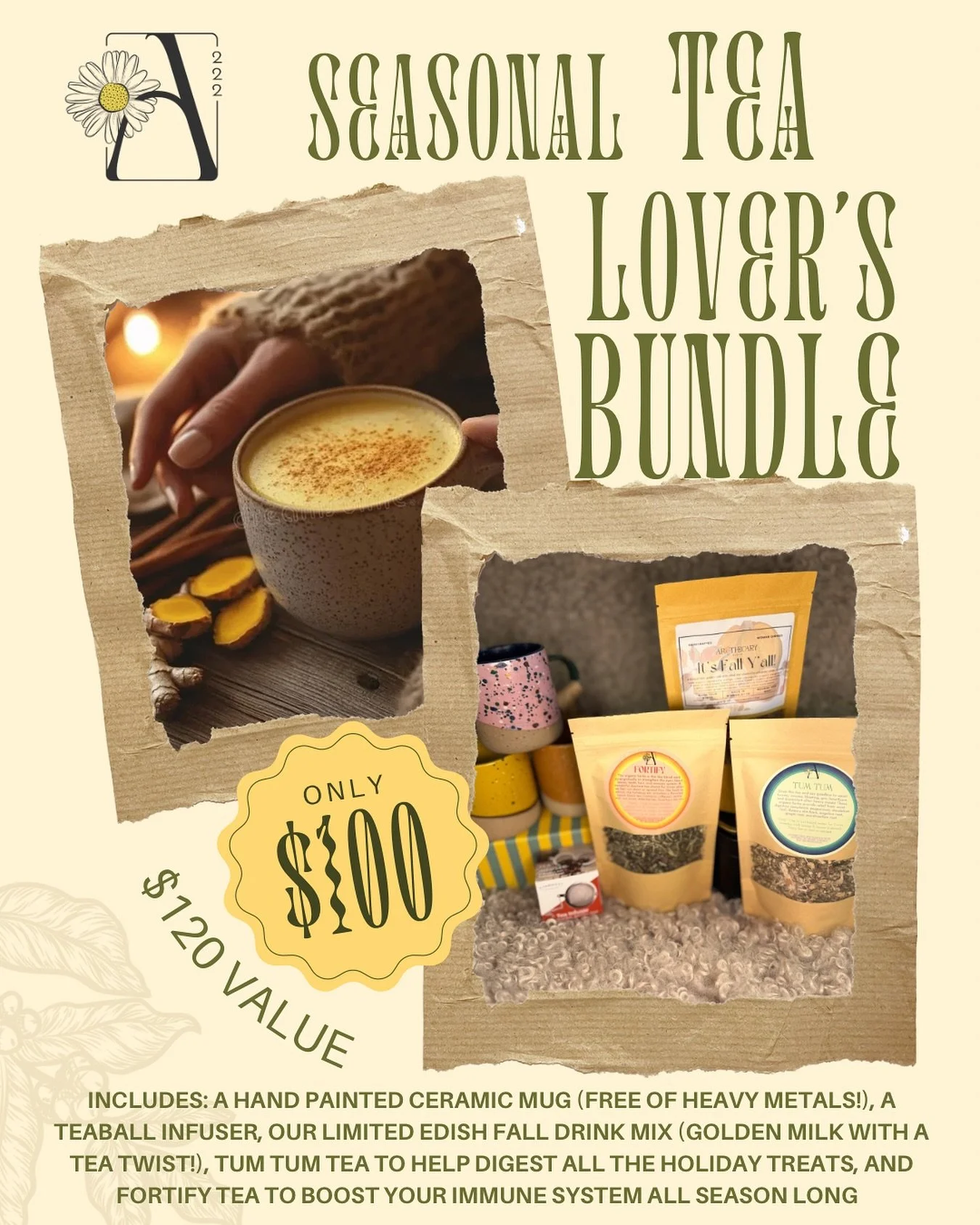 Gift giving season is upon us 🎁

This week we are offering a seasonal tea lover&rsquo;s bundle that includes:

💛 Full size bag of warming and anti-inflammatory &ldquo;It&rsquo;s Fall Y&rsquo;all!&rdquo; our limited edition golden milk (with an herb