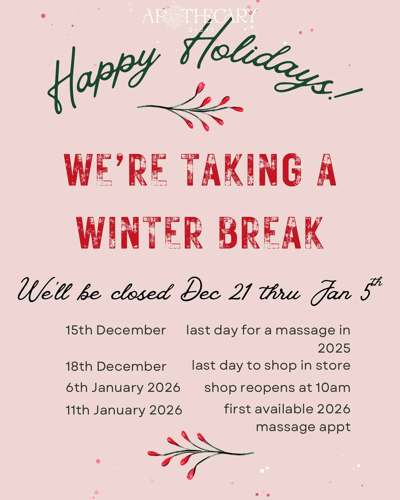 Counting today, there are only 11 days left to shop in person with us this year 🛍️ 
We&rsquo;ll be taking a little winter shop break from Dec 21 &ndash; Jan 5, and there are only a couple massage appointments still available before we close the door